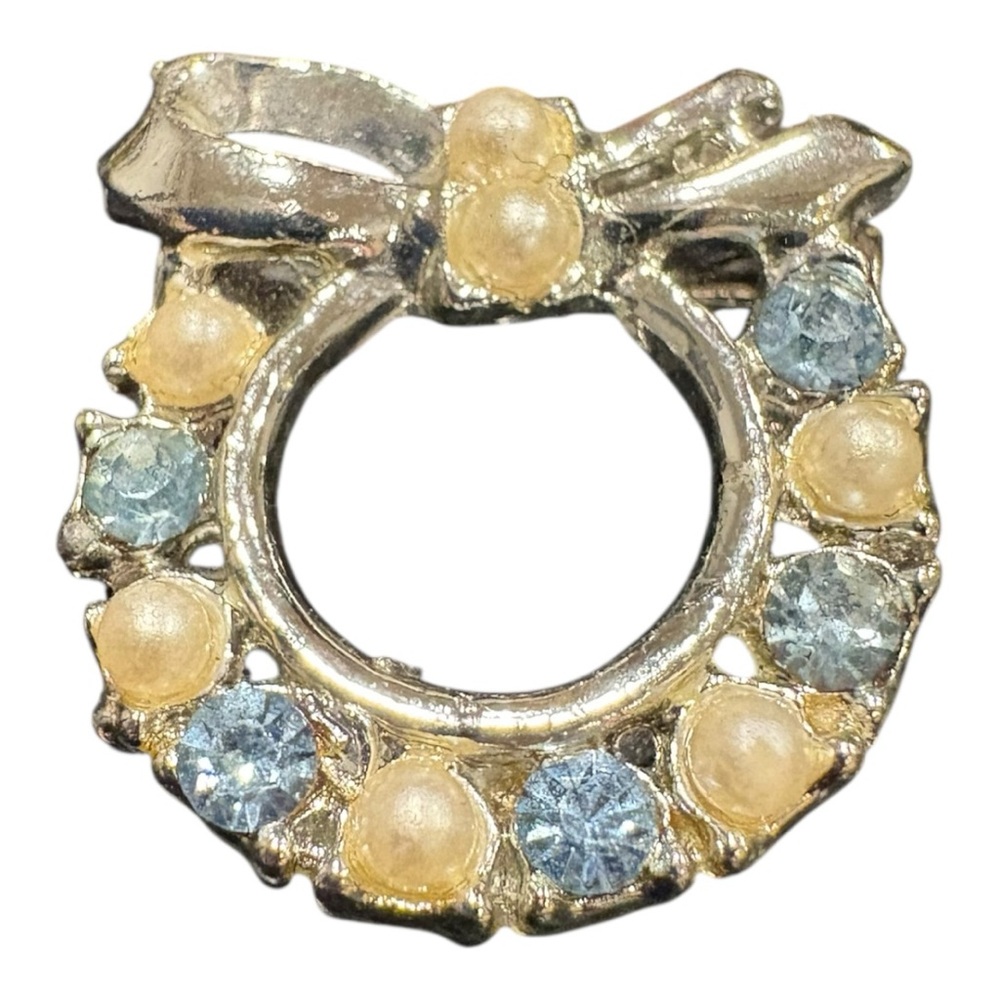 Vintage Mid Century Modern Rhinestone & Faux Pearl Wreath Brooch Bow Accent